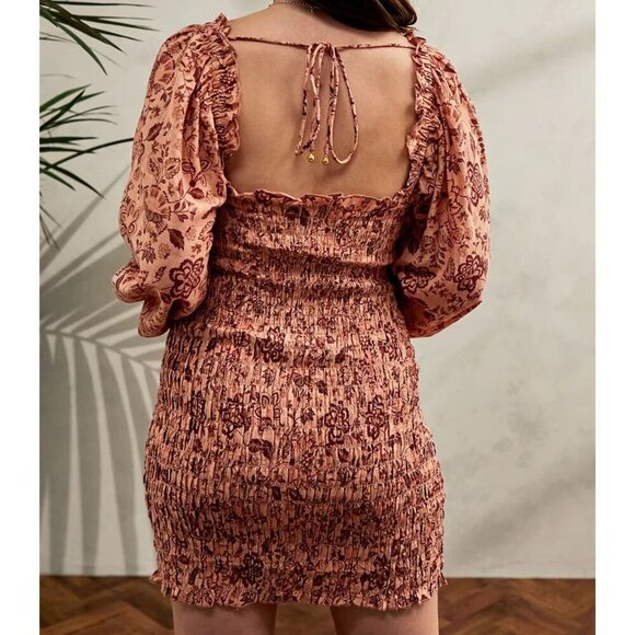 Free People Smock It To Me Mini Dress in Apricot Combo Medium Balloon Sleeve - Picture 2 of 9